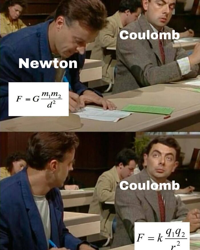 Newton and Coulomb meme in a classroom, humorously showing formulas for physics concepts.
