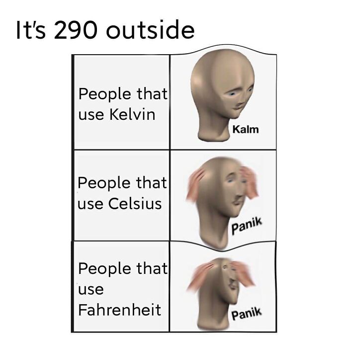 Funny physics meme showing reactions to 290 degrees in Kelvin, Celsius, and Fahrenheit scales: calm vs. panic.