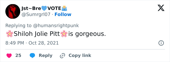 Tweet praising Shiloh, Angelina Jolie's daughter, for her gorgeous appearance.