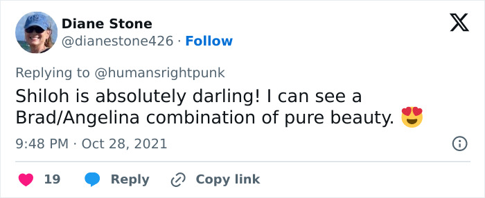 Tweet by user praising Shiloh after name change, noting a resemblance to Brad and Angelina.