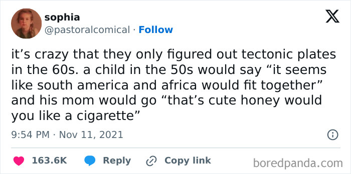 Parenting memes on Instagram about a 50s child’s take on tectonic plates, with humor on societal norms.