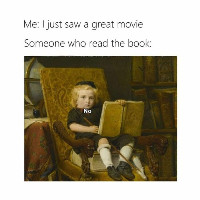 Child in classical painting holding a book with text meme combining modern humor and classical art.