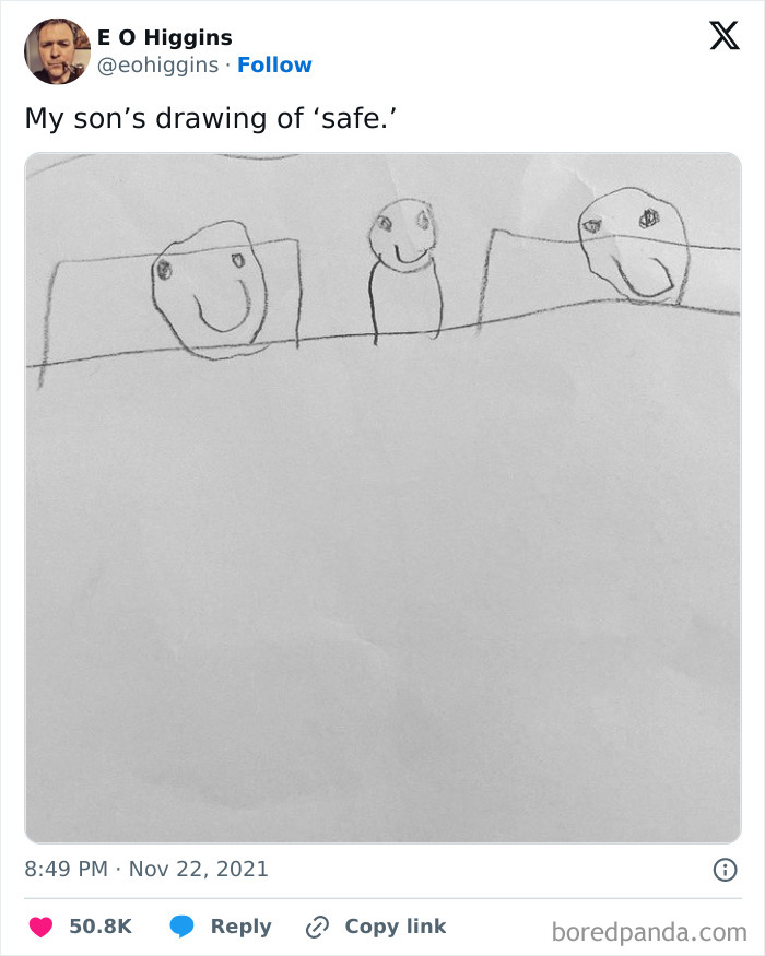 Child's pencil drawing of three smiling faces representing pure and uplifting moments worthy of daily scroll.