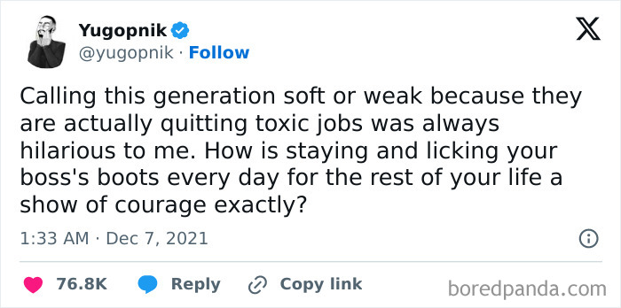 A relatable work meme critiquing the idea of courage in staying in toxic jobs.