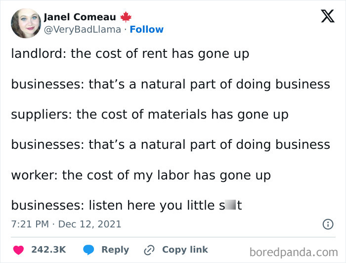 Text critique on capitalism: cost of essentials is justified, but labor cost increase is criticized with profanity.