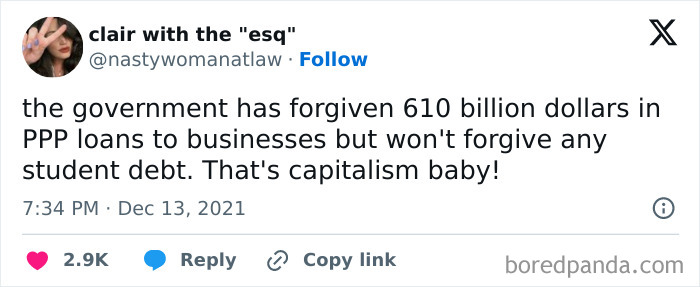 Tweet highlighting a facepalm moment about capitalism and loan forgiveness, questioning economic priorities.