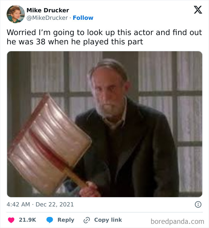 Older man with a shovel in a meme from Millennial Misery Instagram, caption about age and acting roles.