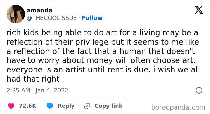 Tweet criticizing capitalism, highlighting privilege in art as livelihood, with likes and comments visible.