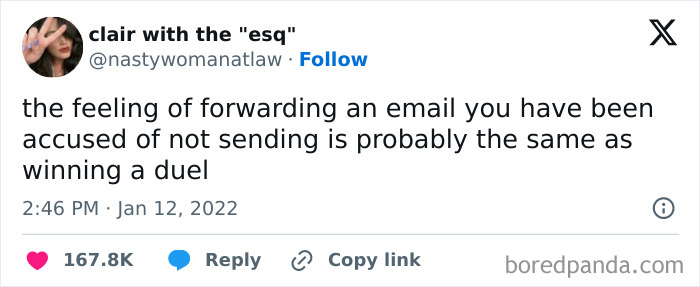 Funny relatable work meme about the joy of forwarding a criticized email, likened to winning a duel.