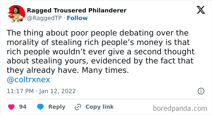 Social media post discussing the morality of wealth and capitalism, highlighting inequality between the rich and poor.