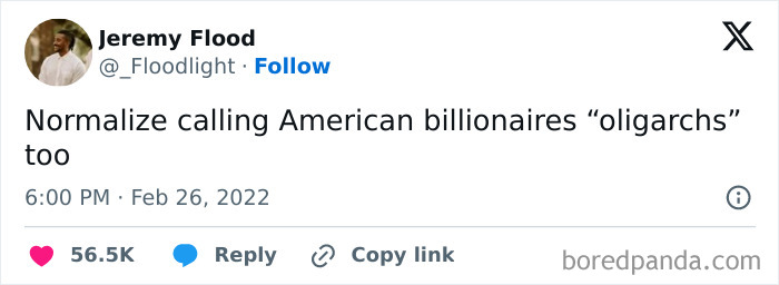 Tweet criticizing capitalism by calling American billionaires "oligarchs" for a change.