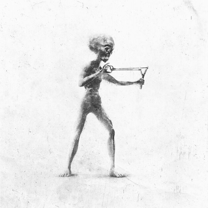 Alien-like figure with a slingshot, representing modern madness through surreal art.