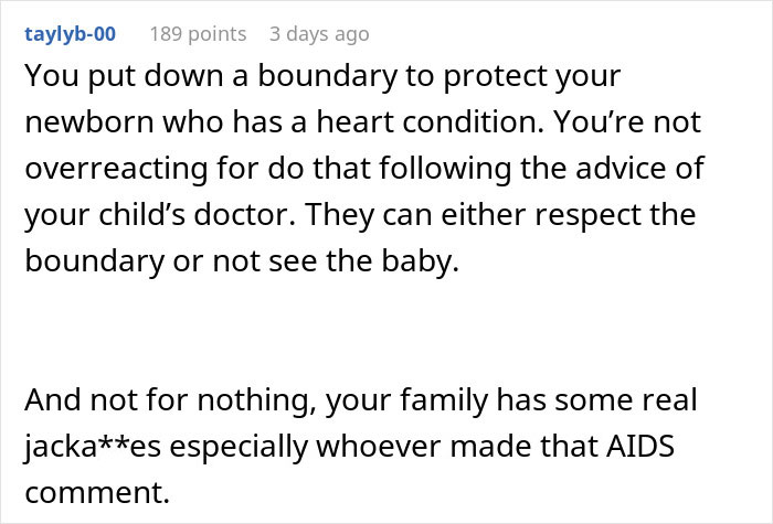 Comment discussing family boundaries over newborn vaccine requirements. Comment discussing family boundaries over newborn vaccine requirements.