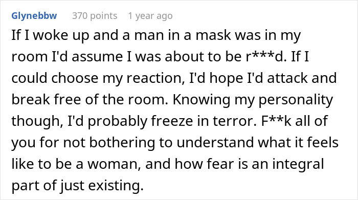 User comment expressing fear and frustration about a man&rsquo;s prank in a mask, highlighting women's safety concerns.