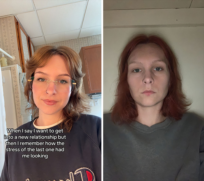 Person showing single vs. relationship appearance, smiling on the left, serious on the right, indoors.