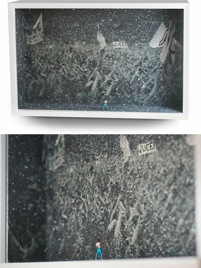 Miniature figure surrounded by a vast, glittering crowd in a shadow box, creating a secret world scene.