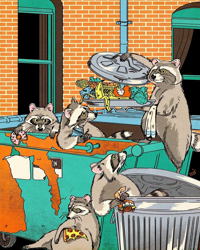 Raccoons humorously rummaging through trash bins in a vibrant illustration by María Jesús Contreras.