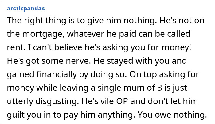 Text from commenter arcticpandas about a $25,000 demand after a 7-year relationship ends.