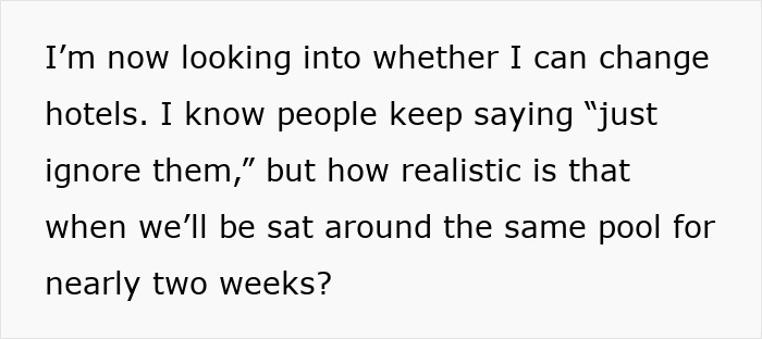 Text about an insecure mom considering changing hotels during a family vacation.