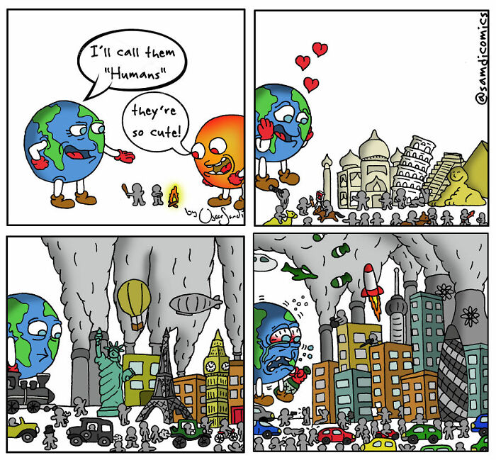 Comic strip showing Earth and Sun with humans evolving, then Earth saddened by pollution and destruction in dark twist comic.