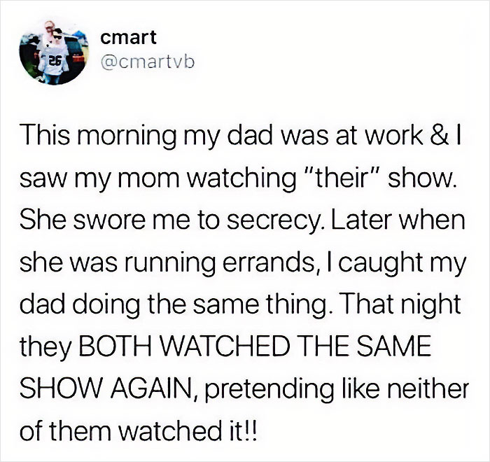 Relatable parenting meme about parents secretly watching a show separately and pretending otherwise.