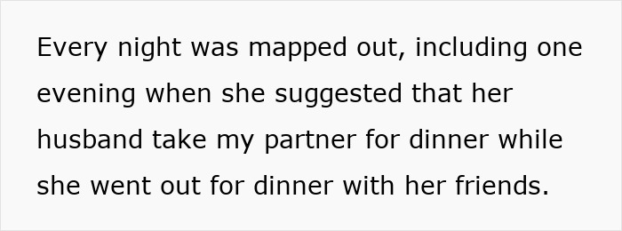 Text excerpt describing a nightly routine involving controlling behavior and frustration with a sister-in-law's plans.