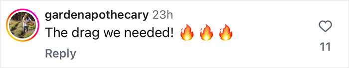 Instagram comment saying "The drag we needed!" with fire emojis, referencing Martha Stewart trolling Blue Origin astronauts.