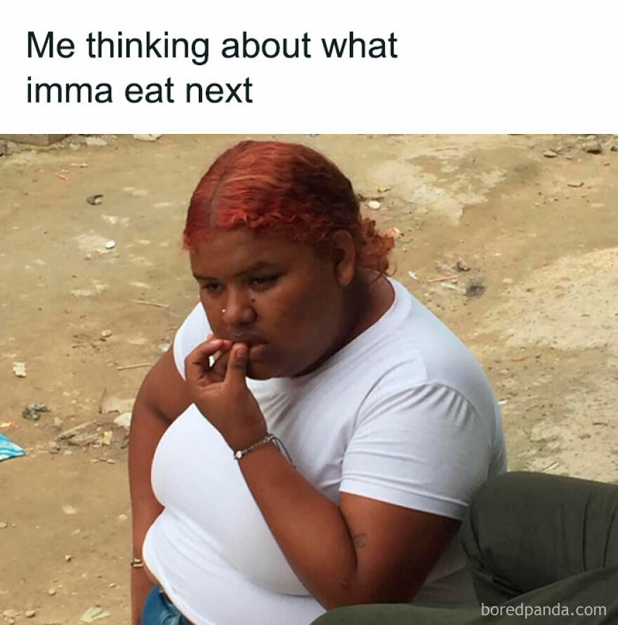 Woman in a white shirt looking thoughtful, captioned about eating, relating to funny girl posts memes.