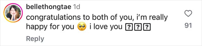 Instagram comment congratulating "lovebirds" with heart and crying emojis, expressing happiness and love.
