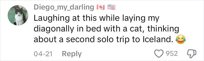 Social media comment about solo travel, featuring casual tone and emoji, related to dating perpetually single women discussion.