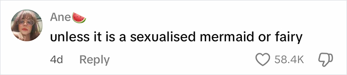 Comment on social media post by a woman exposing beauty standards in fairy tales, mentioning sexualized mermaids or fairies.