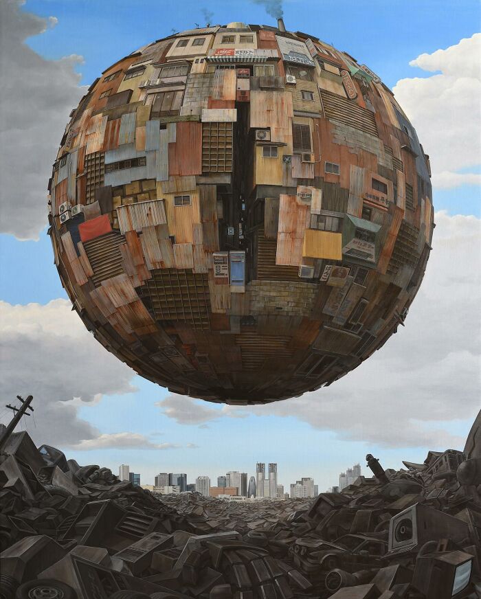 Surreal floating sphere made of post-apocalyptic urban cityscape panels hovering above rubble and distant skyline.