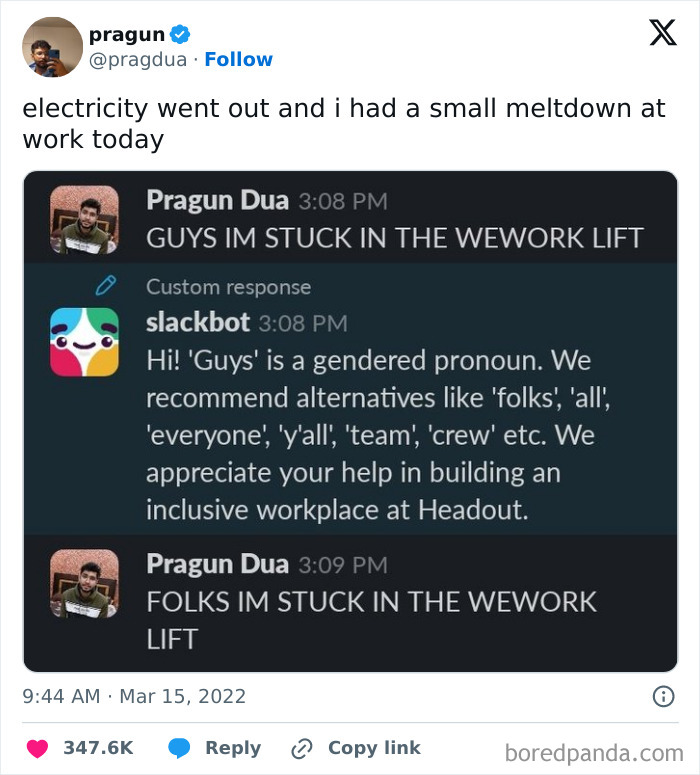 Person shares a funny meme about being stuck in an elevator, humorously corrected by Slackbot for inclusive language.