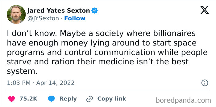 Tweet questioning capitalism and wealth inequality, highlighting struggles in a system favoring billionaires over basic needs.