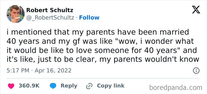 Twitter post featuring a funny meme about parents married for 40 years.