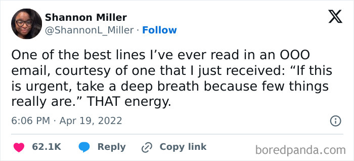 Text meme about relatable work email with humorous out-of-office message capturing relaxation energy.
