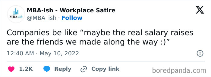 Work meme about companies jokingly stating friendship is the real salary raise, with sarcastic tone.