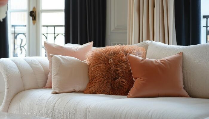 Elegant beige sofa with plush pillows in a cozy living room.