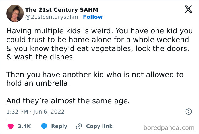 Social media post humorously describing parenting with multiple kids of similar age and differing abilities.