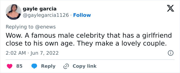 Tweet discussing a famous male celebrity and his age-close girlfriend, highlighting their lovely relationship.