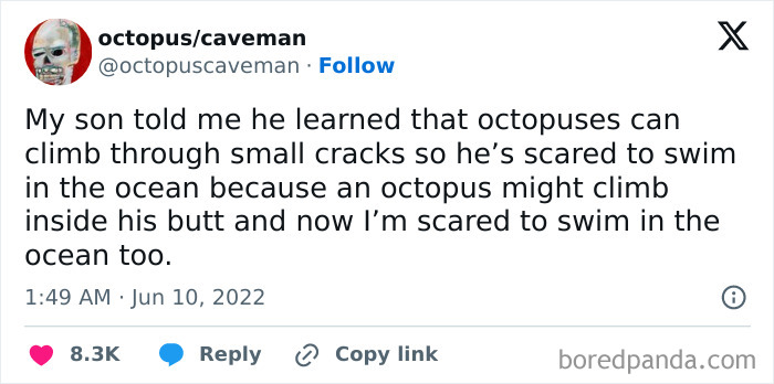 Screenshot of a relatable meme about a child's fear of swimming due to octopuses, shared by a user on Twitter.