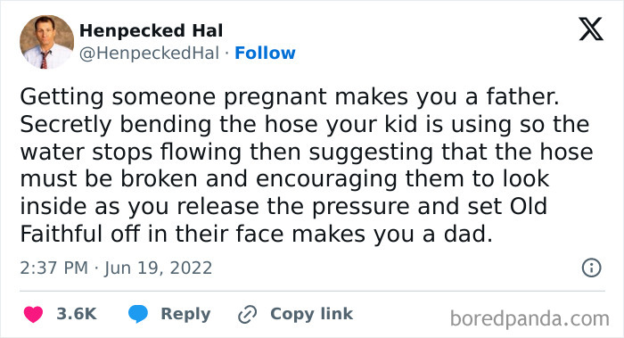 Parenting meme about a dad pranking his kid with a garden hose, highlighting relatable and humorous aspects of fatherhood.