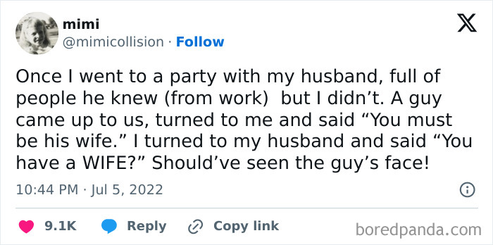 Funny meme about a party mix-up where a wife jokes about discovering her husband's "wife."