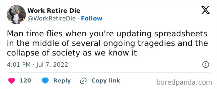 Funny relatable work meme about updating spreadsheets amid chaos, illustrating a humorous take on modern work life challenges.