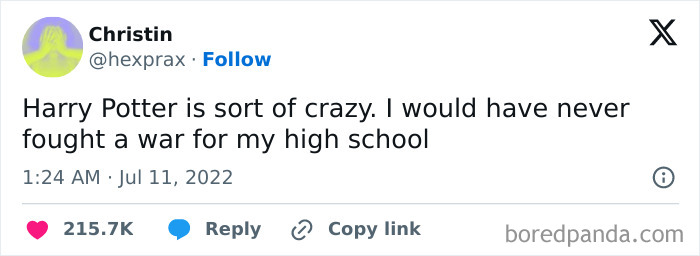 Funny meme humorously questioning Harry Potter's bravery in school battles.