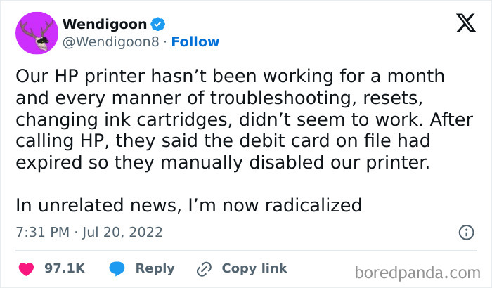 Anti-work post about frustrations with a broken printer and expired debit card, leading to feelings of radicalization.