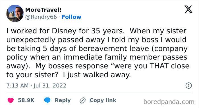 Tweet about an infuriating boss questioning bereavement leave for a sister's death.