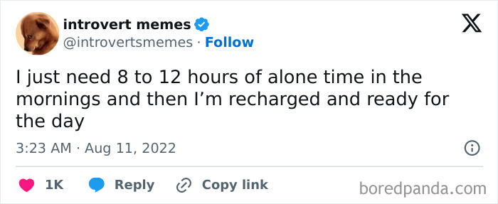 Millennial humor meme about needing alone time to recharge, shared by "introvert memes" on social media.