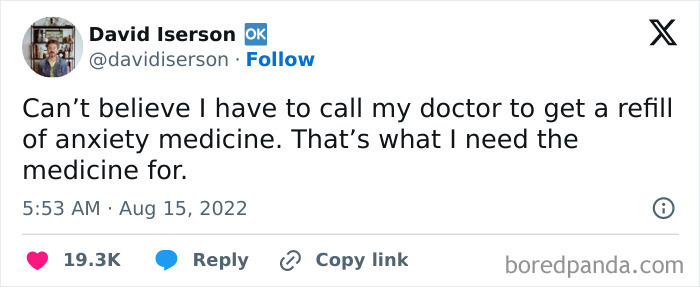 Tweet about anxiety medicine refills, highlighting relatable anti-social humor.