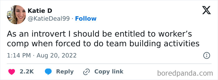 Anti-social meme about introverts wanting compensation for team activities.
